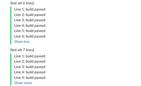 The 6-line attachment expanded to all 6 lines with a Show less link, above the 7-line attachment that is still collapsed with Show more