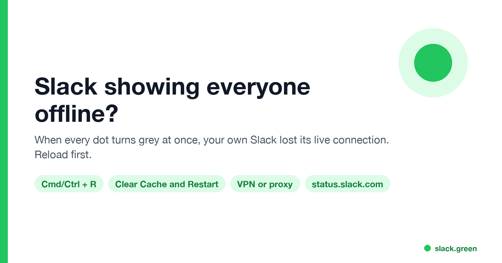 Slack showing everyone offline: reload with Cmd or Ctrl + R, clear cache, check VPN or proxy, check status.slack.com