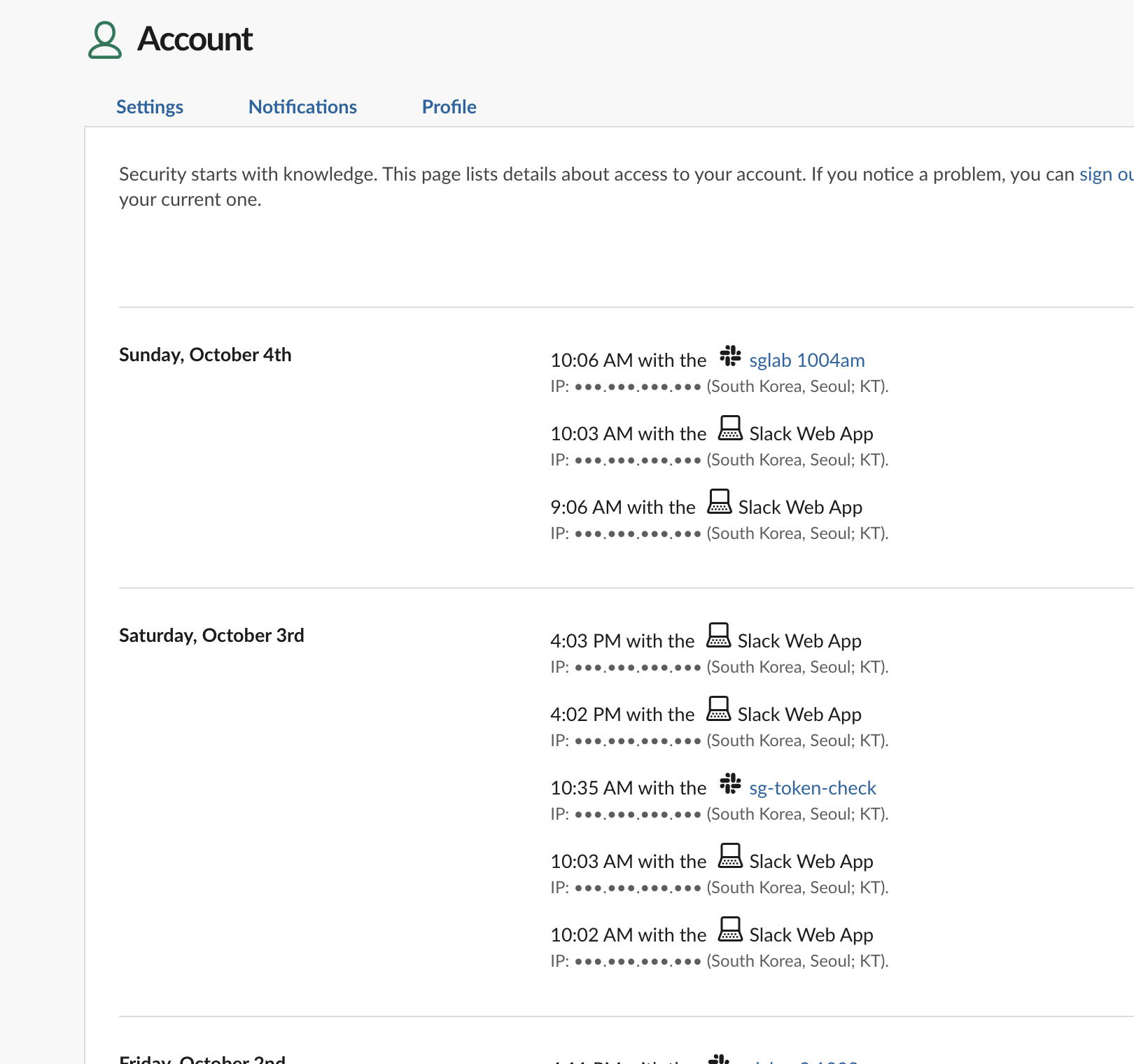 Slack Account settings, Access Logs tab: one row per sign-in with the app name, time and location; apps signed in as you show by name (IP addresses hidden)