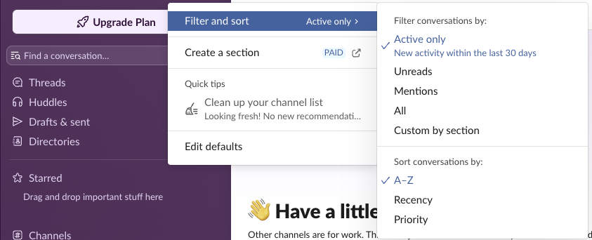 Slack Manage my sidebar menu on the Free plan: Filter and sort, Create a section marked PAID, and the filter and sort options