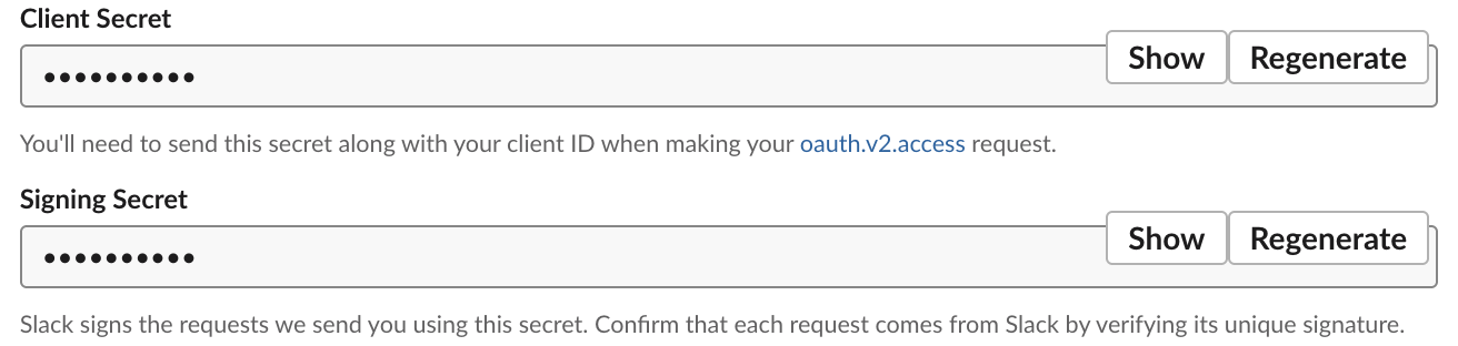 Slack app settings, App Credentials: the Client Secret and the Signing Secret fields, both hidden behind Show