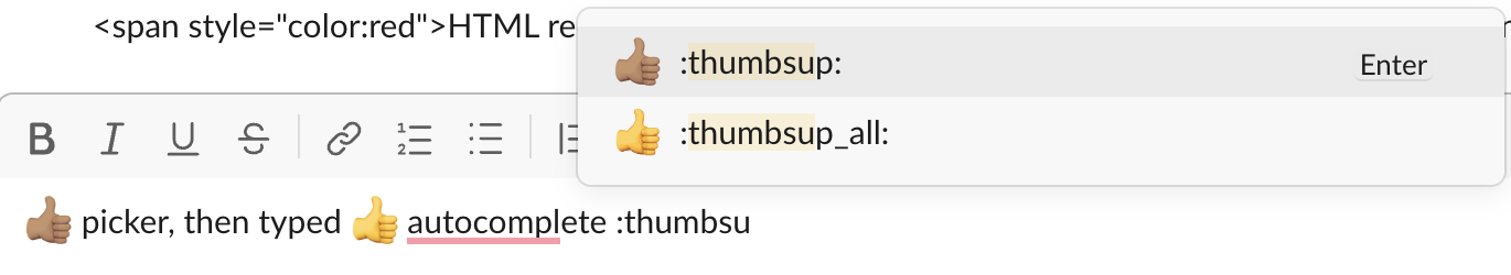 Slack autocomplete after typing :thumbsu, suggesting :thumbsup: in medium skin tone with Enter, and :thumbsup_all:
