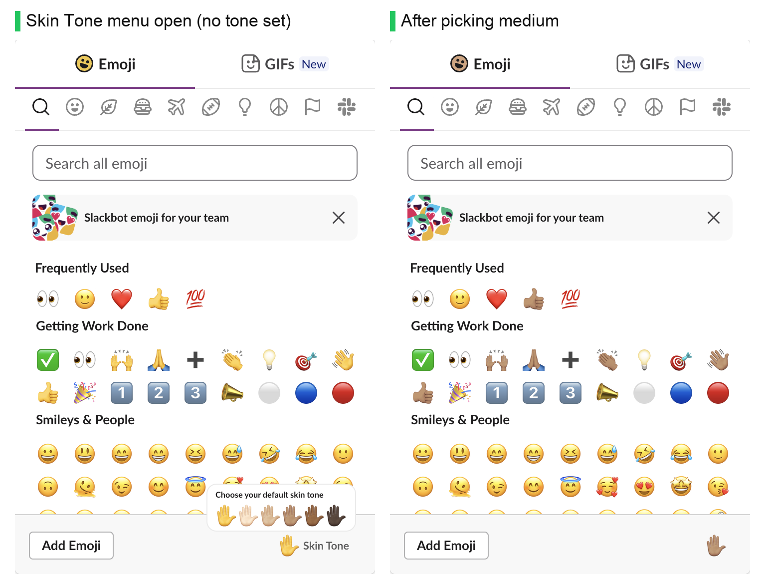 The Slack emoji picker twice: on the left the 