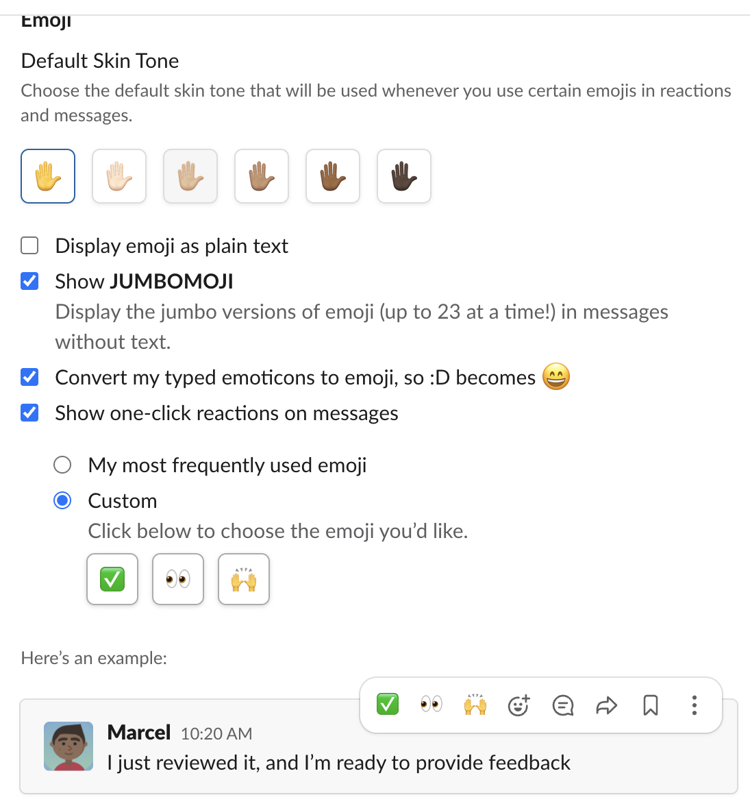 Slack Preferences, Messages and media, Emoji section: Default Skin Tone with six hands, Show one-click reactions on messages ticked, Custom set to white check mark, eyes and raised hands, and the example hover bar showing those three
