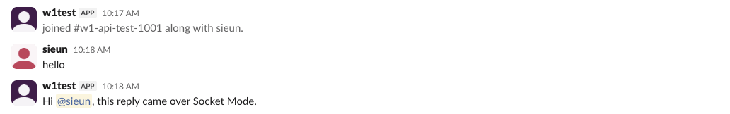In Slack, the user typed hello and the w1test app answered 