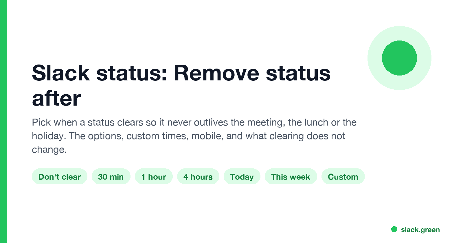 Slack status Remove status after: don't clear, 30 min, 1 hour, 4 hours, today, this week, custom