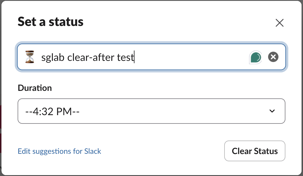 Set a status dialog showing a status set through the API, with the Duration box reading 4:32 PM