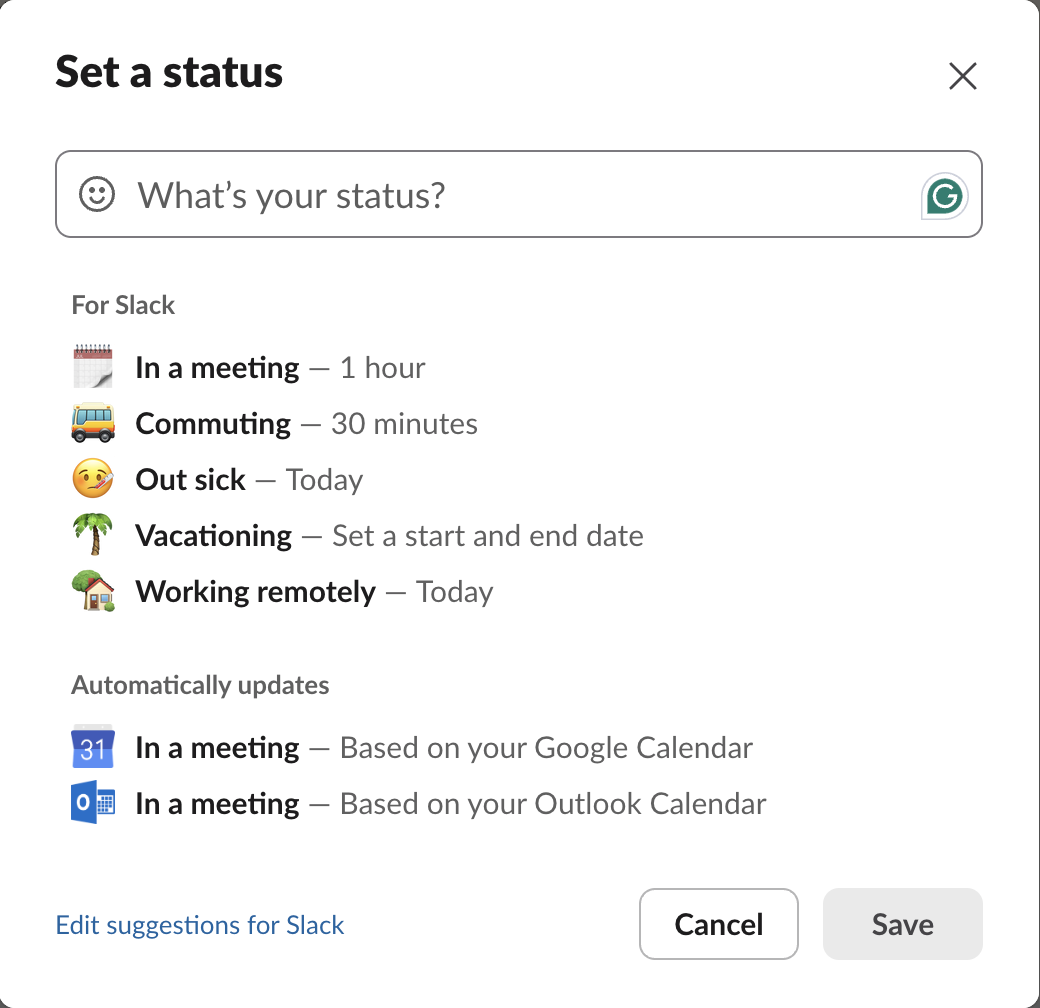 Slack's Set a status dialog: each built-in suggestion carries its own Clear after, from 30 minutes for Commuting to a start and end date for Vacationing
