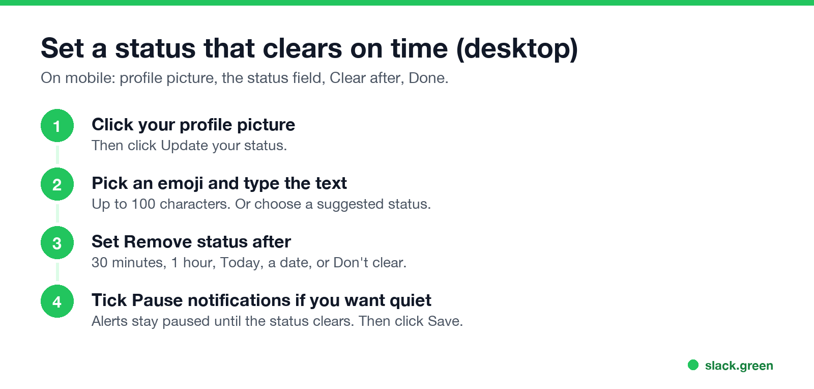 Steps: profile picture, Update your status, emoji and text, Remove status after, Pause notifications