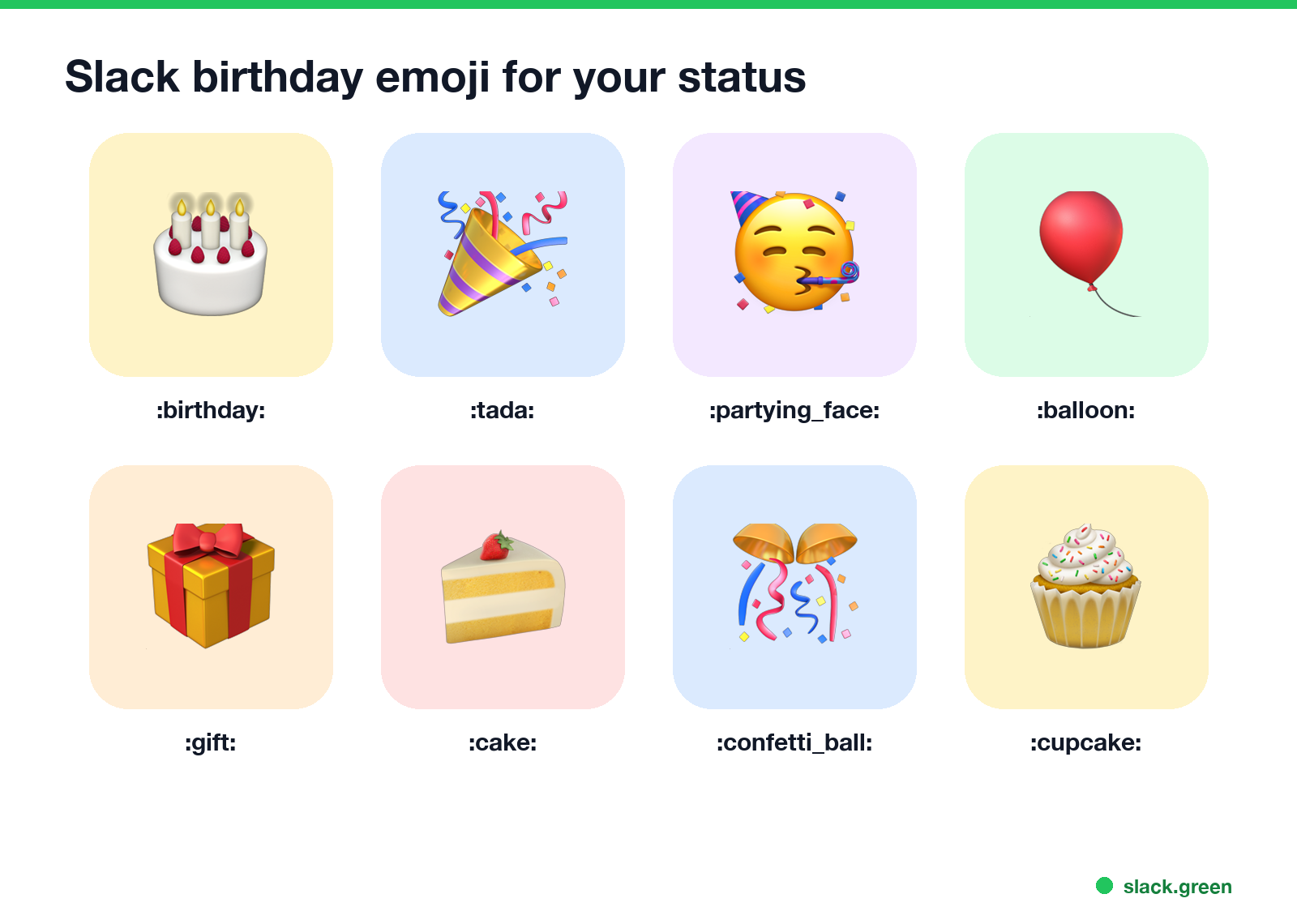 Slack birthday emoji for your status: birthday, tada, partying face, balloon, gift, cake, confetti ball, cupcake