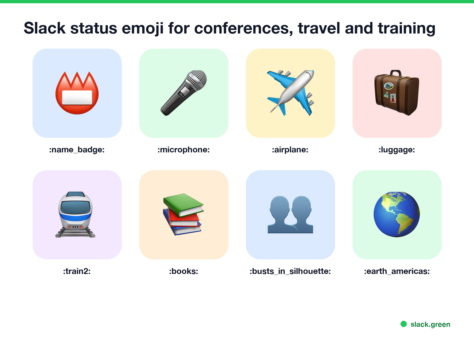 Slack status emoji for conferences, travel and training: name_badge, microphone, airplane, luggage, train2, books, busts_in_silhouette, earth_americas