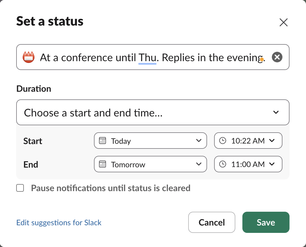 Slack Set a status dialog with a conference status, the name badge emoji, Duration set to Choose a start and end time, Start today and End tomorrow