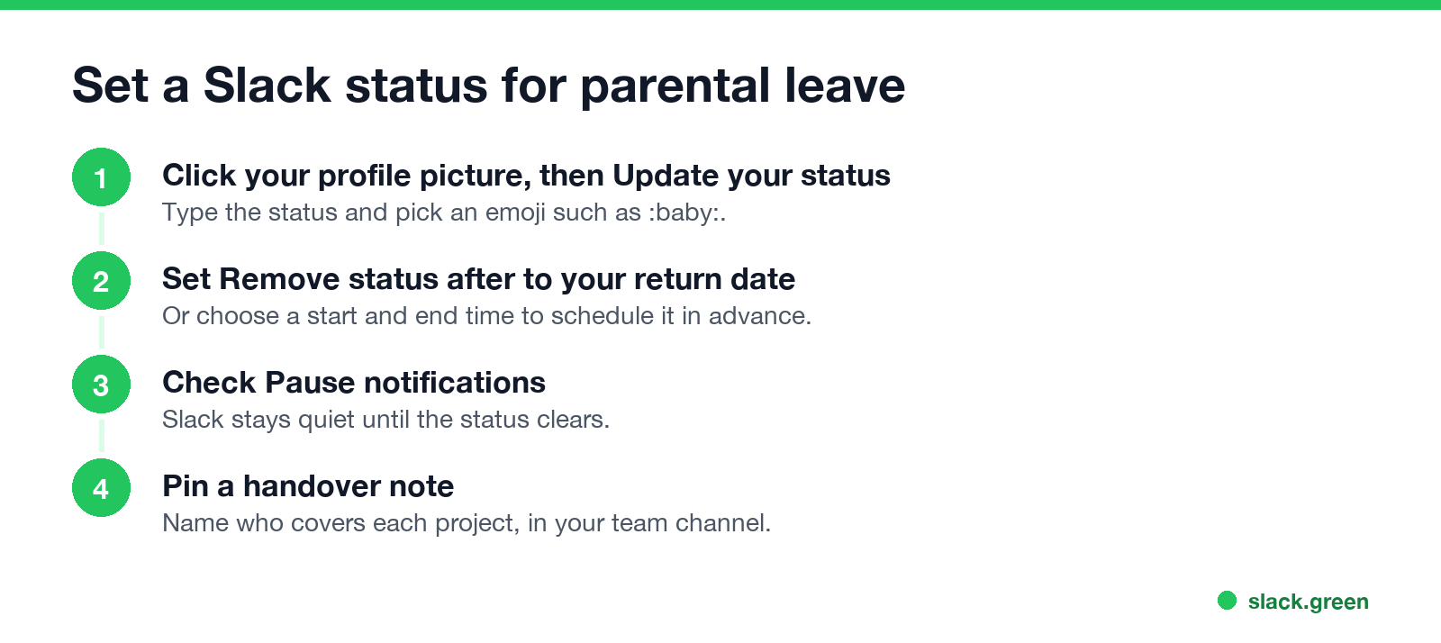 Set a Slack status for parental leave: update your status, set remove after to your return date, pause notifications, pin a handover note