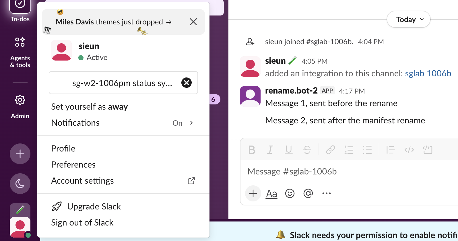 Slack web app seconds after the status was set from outside the app: the profile menu shows the new status text, and the test tube emoji sits next to the name on a message and on the profile picture