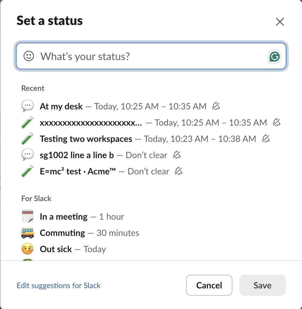 Slack Set a status dialog, 3 October 2026: Recent statuses with their clear times, then the For Slack suggestions In a meeting 1 hour, Commuting 30 minutes, Out sick Today
