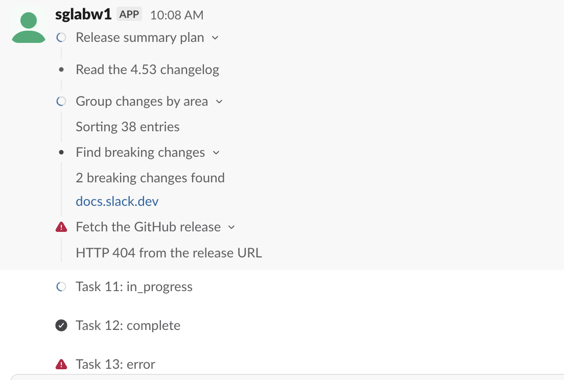 Slack web message from the test bot: an open plan titled 