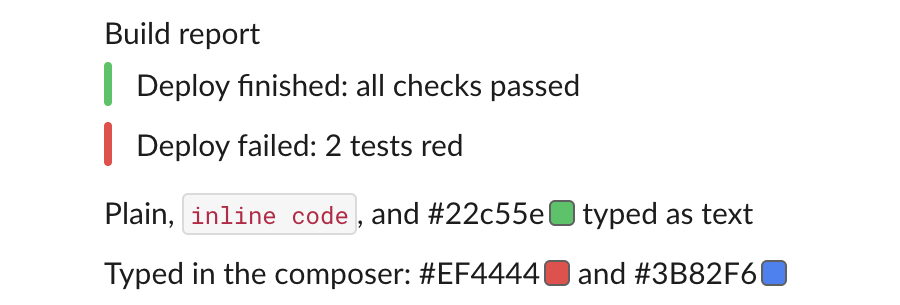 Slack messages showing a green and a red vertical bar next to 