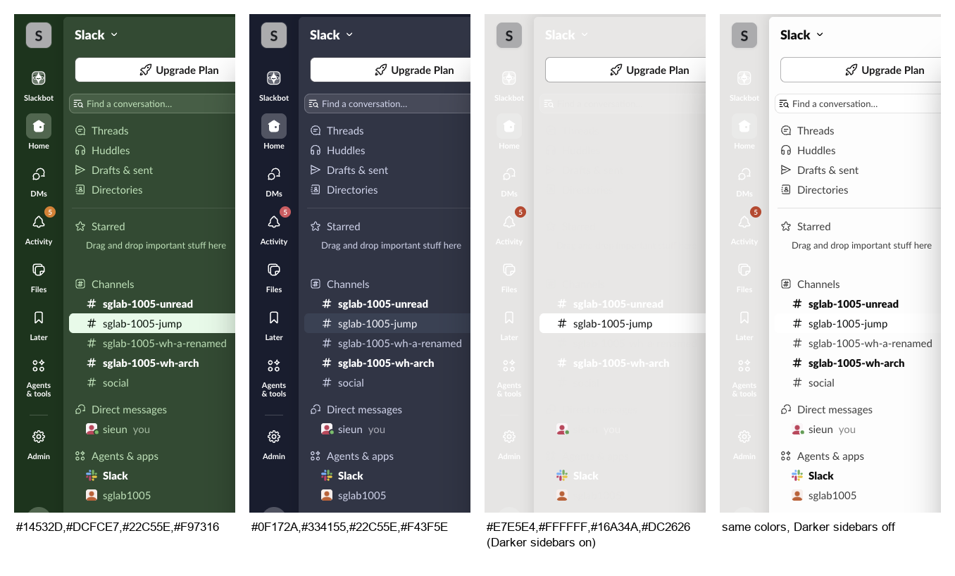Four Slack sidebars from our test: Slack green, Night shift, then Paper with Darker sidebars on, where the channel names are white on light gray and almost unreadable, then Paper with Darker sidebars off, where the text is dark and readable
