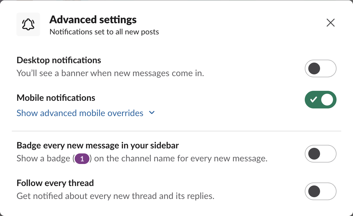 Slack Advanced settings dialog with the Follow every thread switch