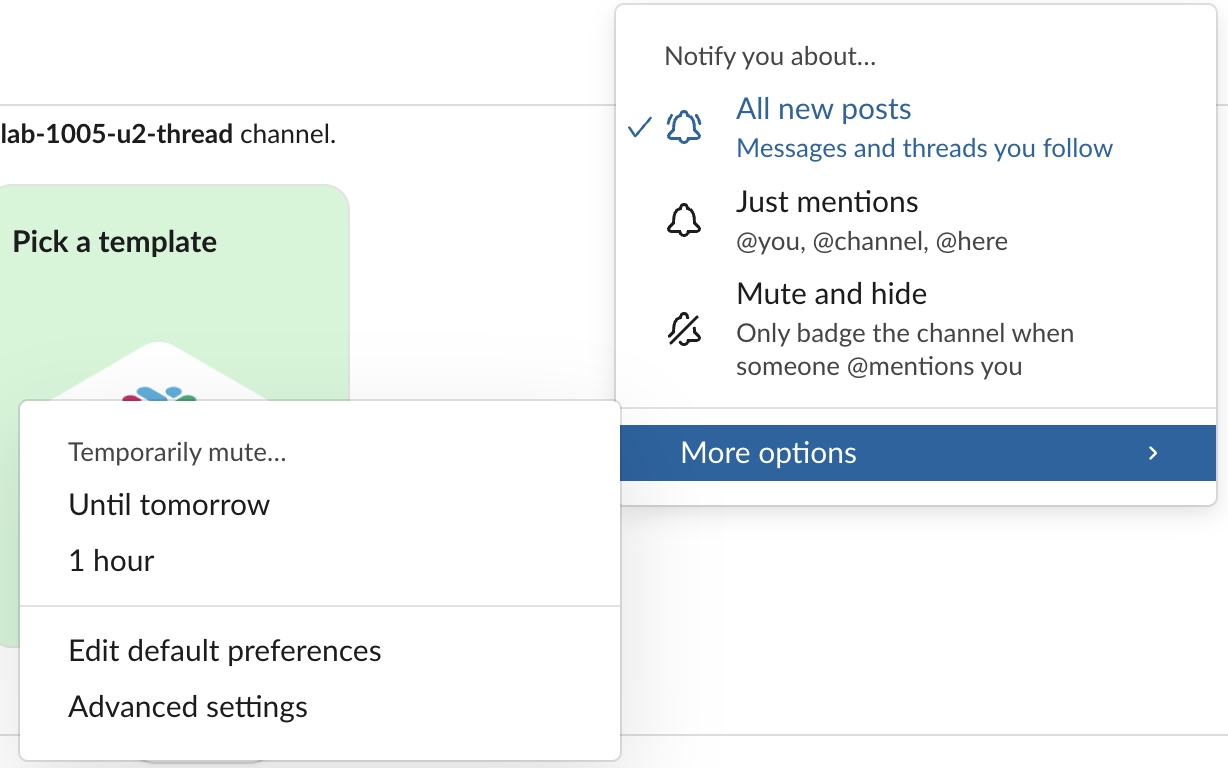 Slack channel bell menu: All new posts, Just mentions, Mute and hide, and More options with Advanced settings