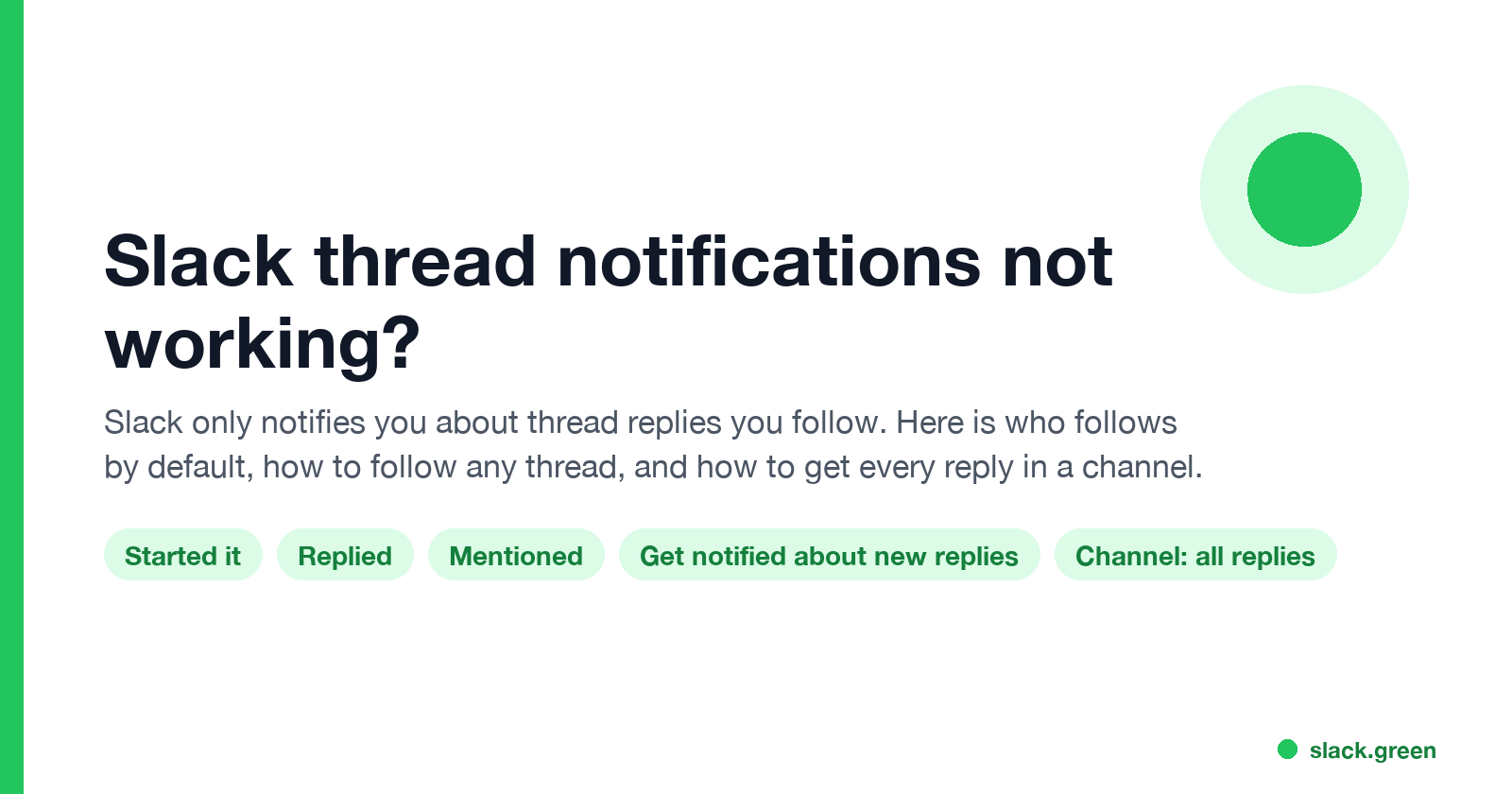 Slack thread notifications: started it, replied, mentioned, get notified about new replies, channel all replies