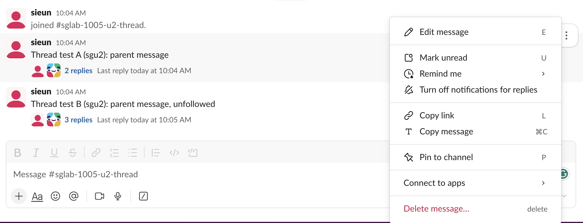 Slack message menu on a thread you follow, with Turn off notifications for replies