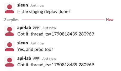 A person asks in a channel, the bot answers in a thread, and answers the follow-up in the same thread