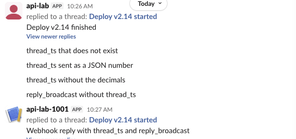 The four test messages that landed in the channel instead of the thread