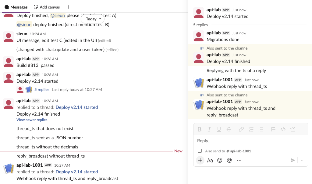 Slack channel and thread pane: a parent with 5 replies, two broadcast replies marked Also sent to the channel, including one from an incoming webhook