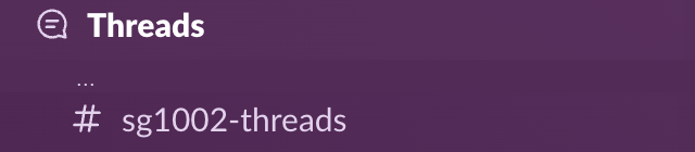 Slack sidebar after a reply in a followed thread: Threads in bold while the channel the thread lives in, sg1002-threads, is not bold; rows in between removed