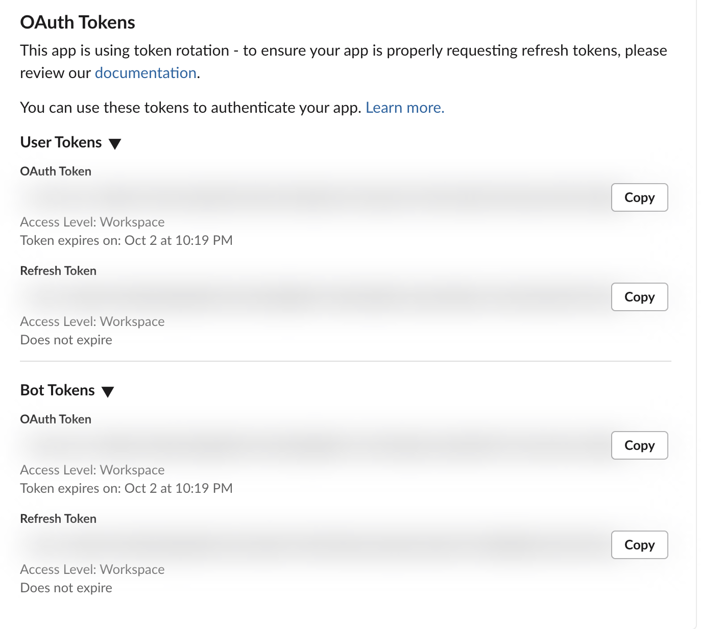 OAuth Tokens with rotation on: user and bot OAuth tokens with Token expires on Oct 2 at 10:19 PM, refresh tokens marked Does not expire. Token values blurred.