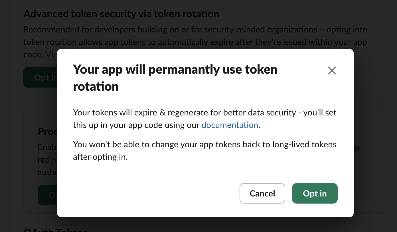 The confirmation dialog: Your app will permanently use token rotation. You will not be able to change your app tokens back to long-lived tokens after opting in.
