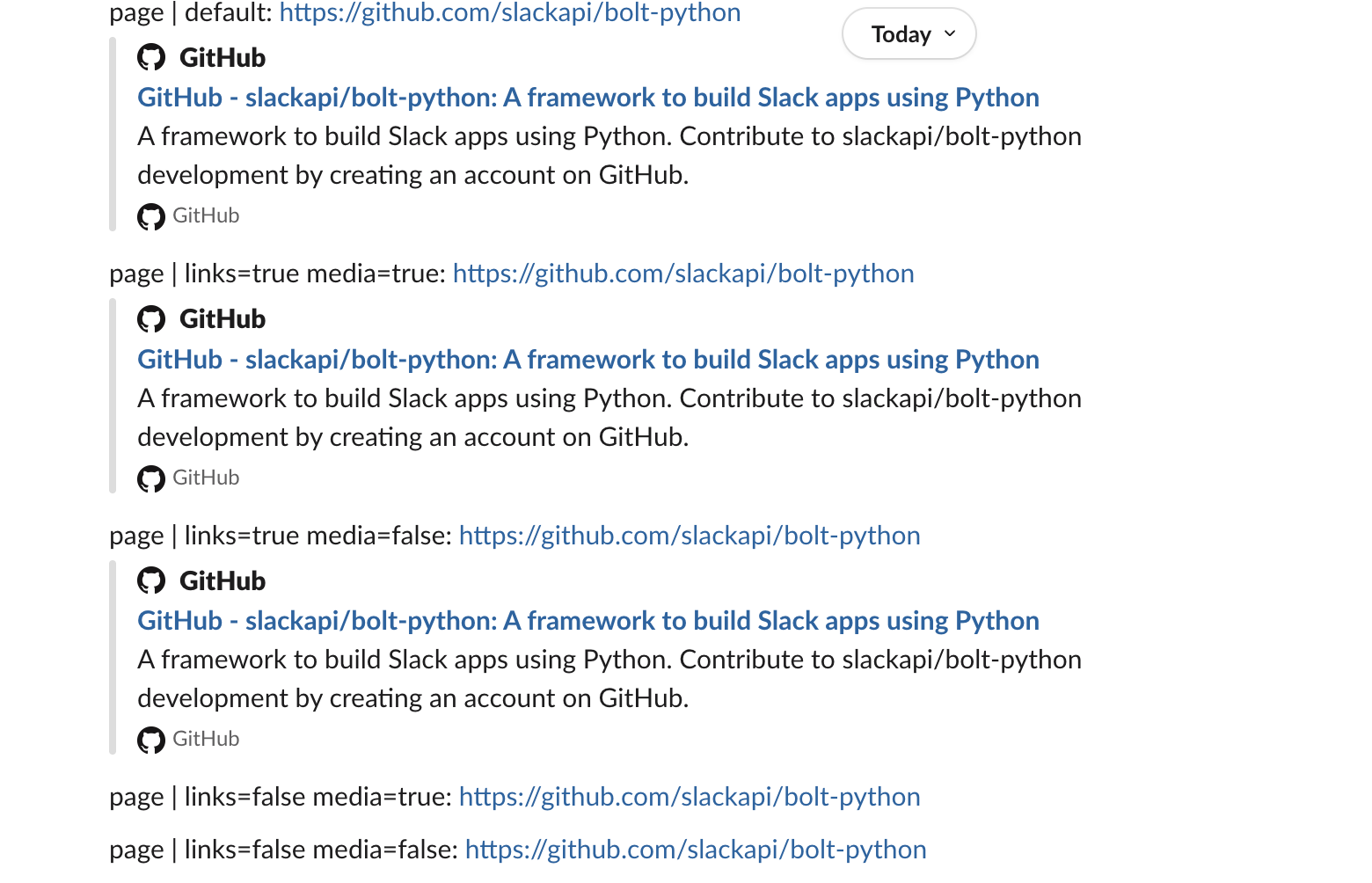 Five bot messages with the same GitHub link: the first three show the GitHub preview card, the two with unfurl_links false show none