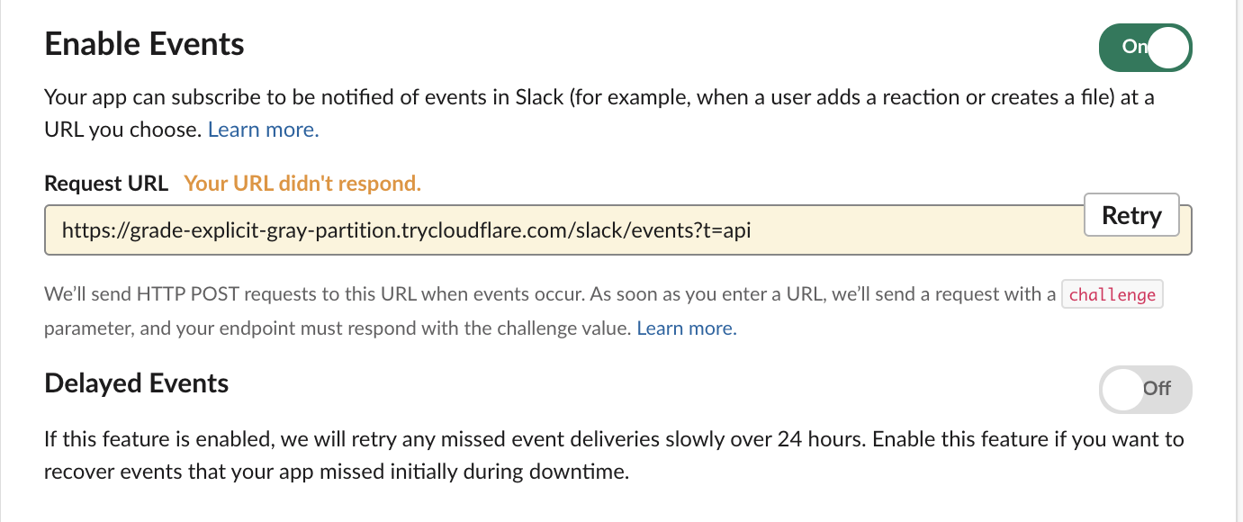 Event Subscriptions page showing the Request URL field with 