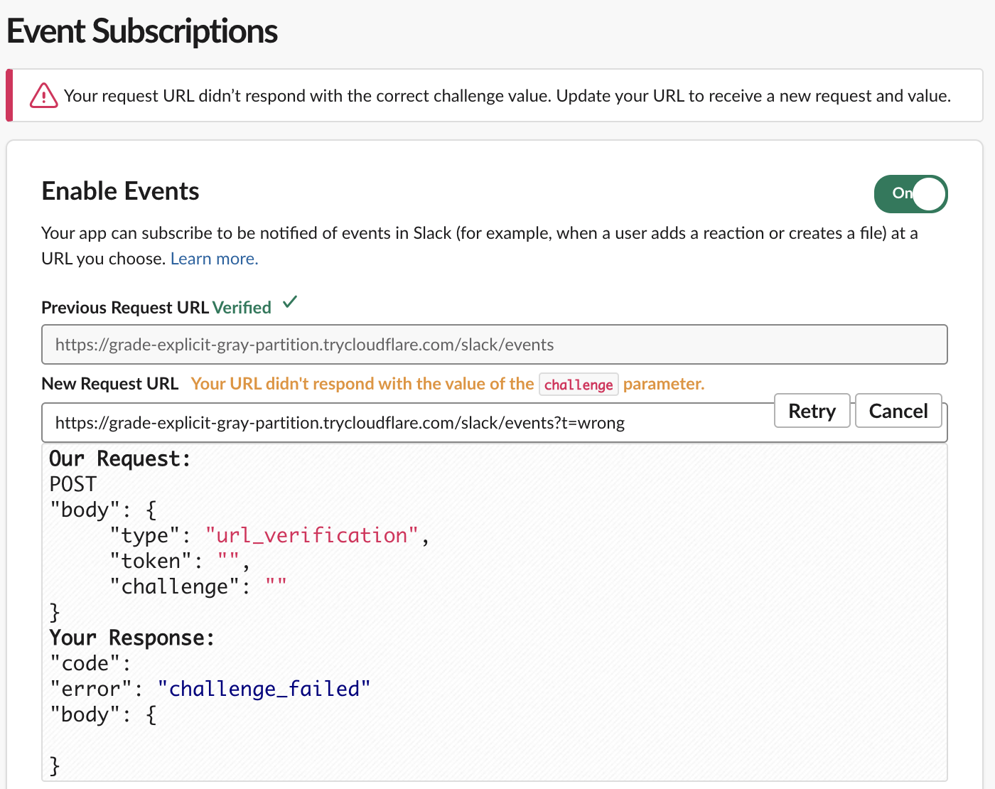 Slack's error panel under the Request URL field: the 