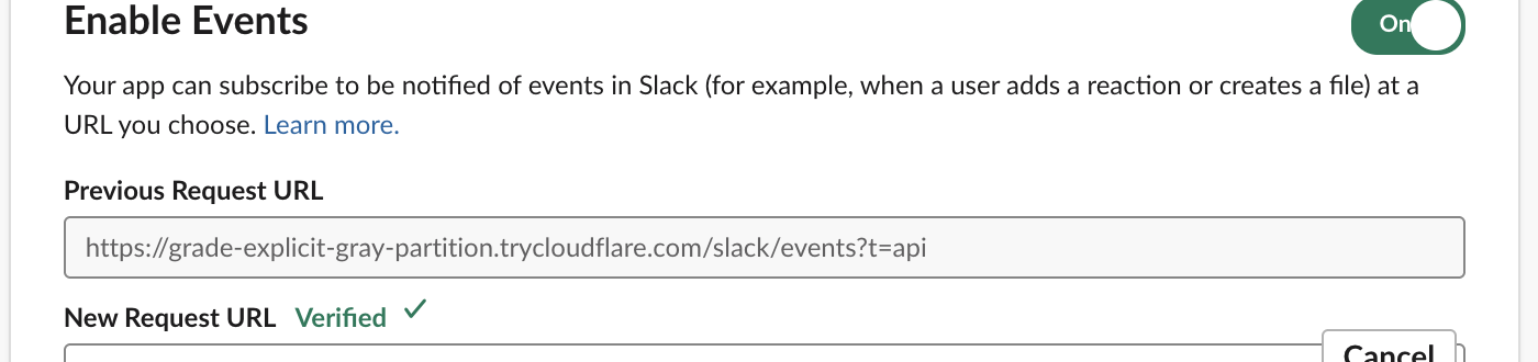 Slack's Event Subscriptions page with the New Request URL field showing a green 