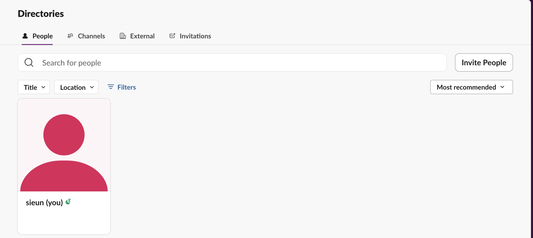 Slack Directories on the Free plan with only People, Channels, External and Invitations tabs