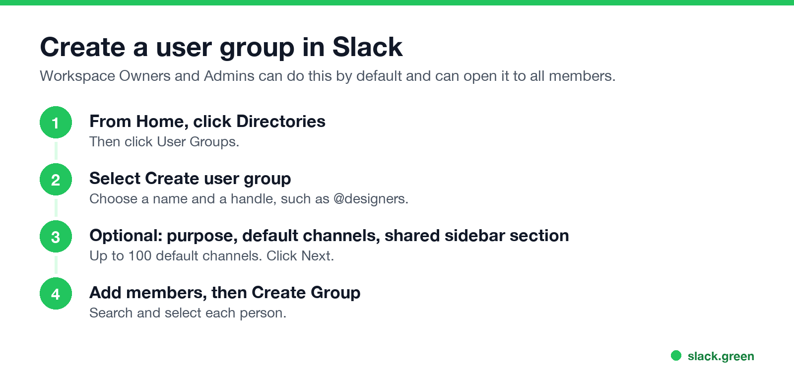 Create a user group in Slack: Directories, User Groups, Create user group, add members