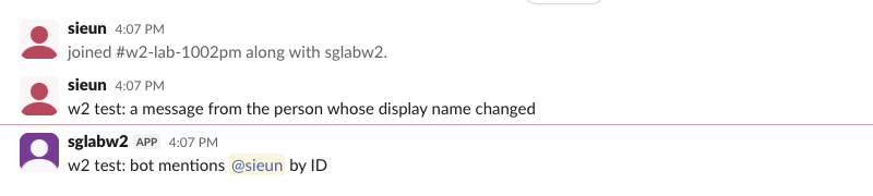 The same Slack messages after the display name was cleared: the sender and the mention both read 