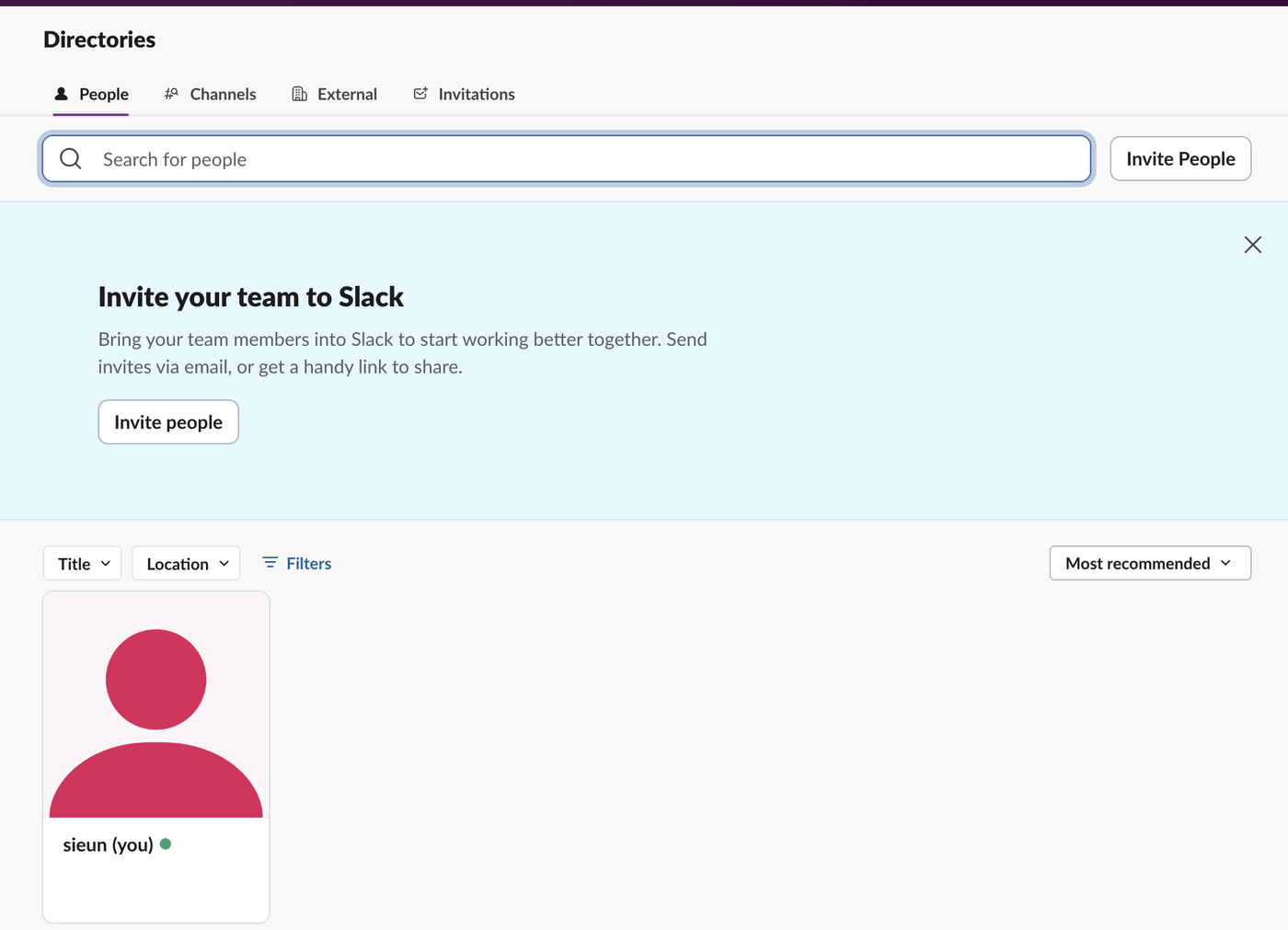 Slack web Directories > People tab showing a single card, 