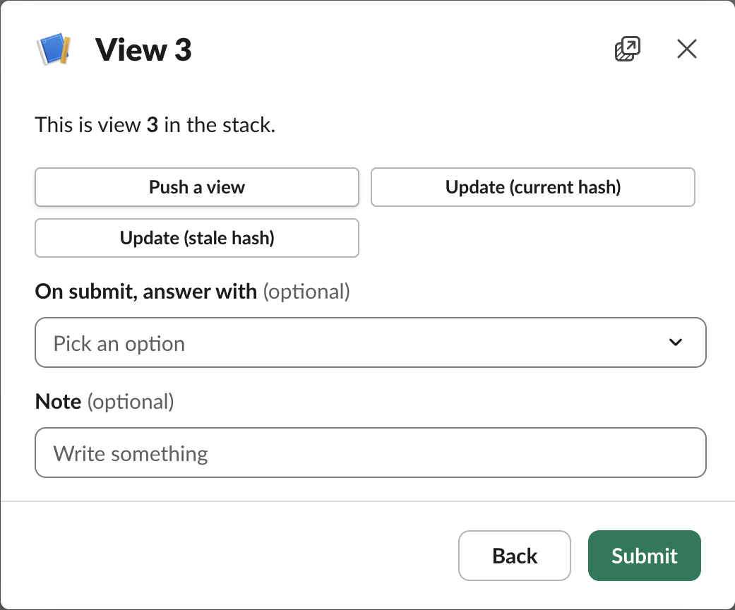 Slack modal titled View 3 with the text 