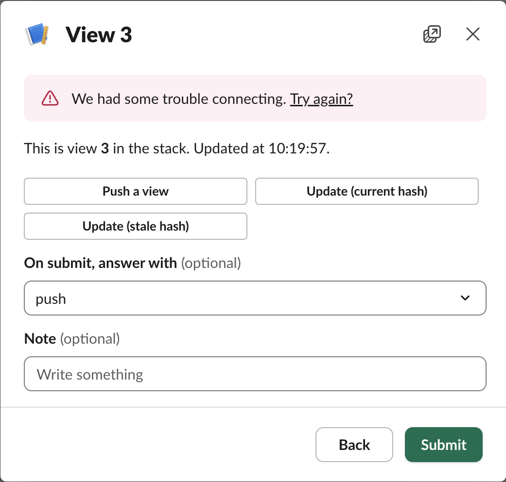 Slack modal View 3 with a pink banner 