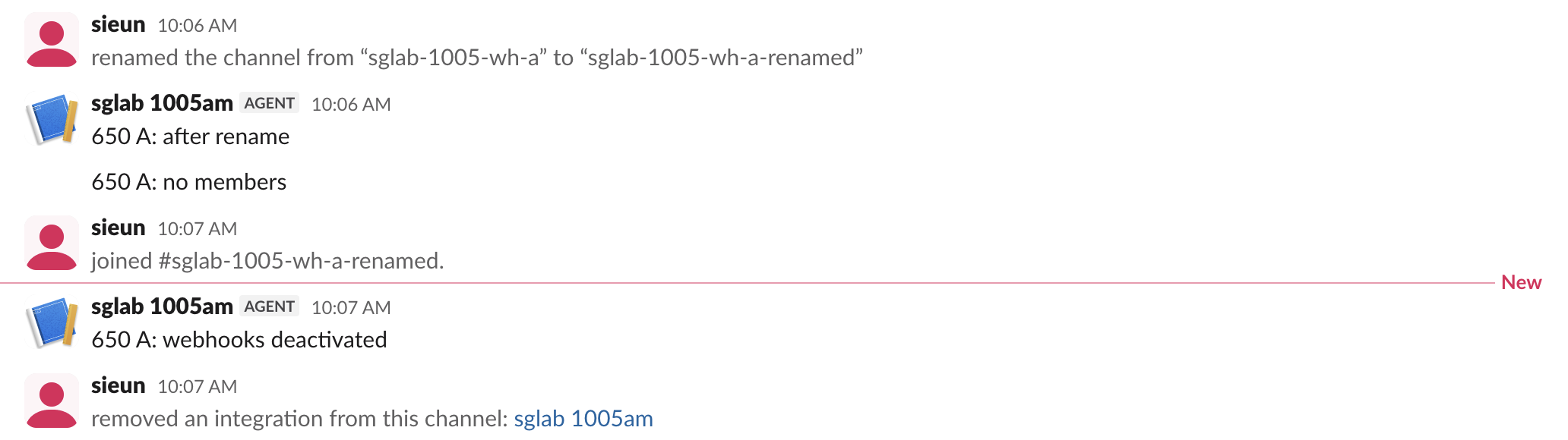 Slack channel after the test: a rename notice, two messages still posted by the app after the rename, the user rejoining, a message posted with webhooks switched off, then "removed an integration from this channel"