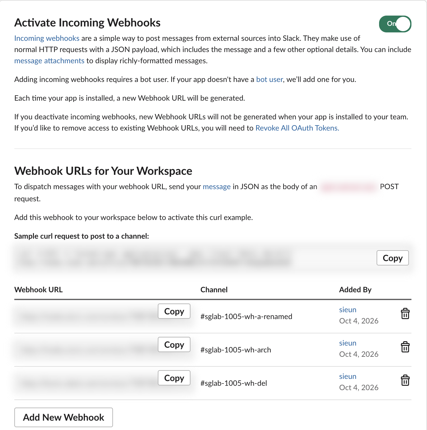 The app's Incoming Webhooks page after the test: the switch is On and the list still shows webhooks for sglab-1005-wh-arch and sglab-1005-wh-del, although one channel was archived and the other deleted