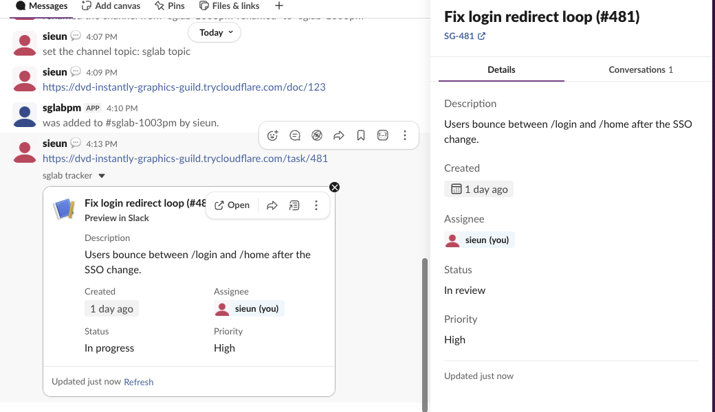 Slack channel with a Work Object card for Ticket SG-481 Fix login redirect loop, showing description, created, assignee, status In progress and priority High, and the flexpane on the right with the same fields and status In review
