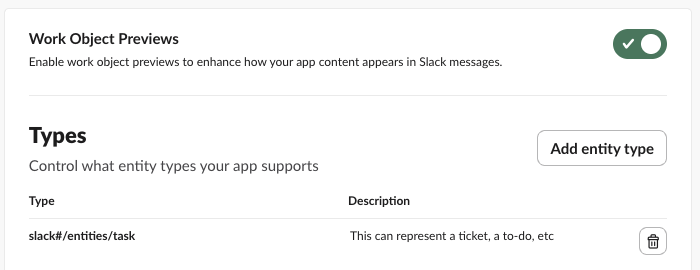Slack app settings, Work Object Previews: the switch on and one entity type, slack#/entities/task, listed under Types