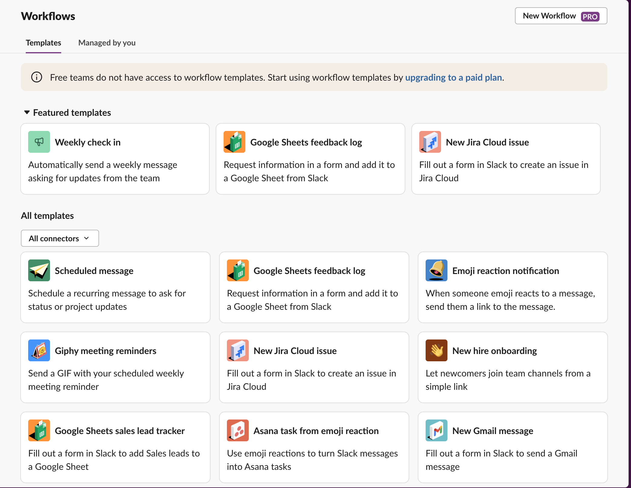 Slack Workflows page on the Free plan: New Workflow marked PRO and the template gallery with the Free-teams banner