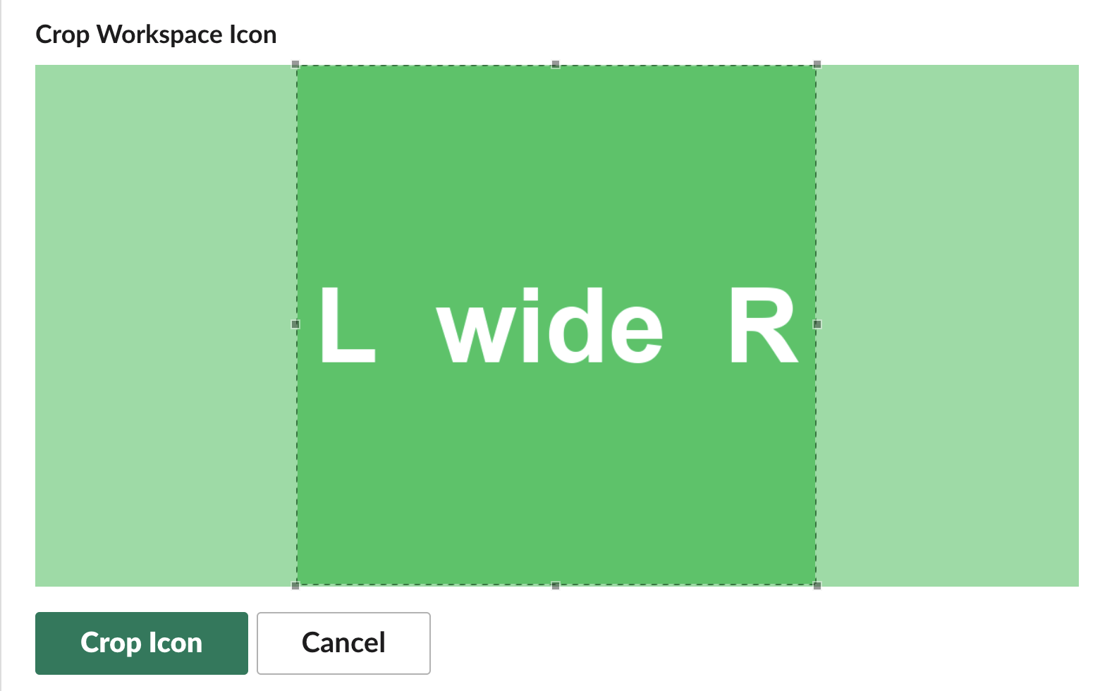 Slack's Crop Workspace Icon step for a 1200 by 600 image: the square crop box covers the middle of the image and the left and right ends are shaded out