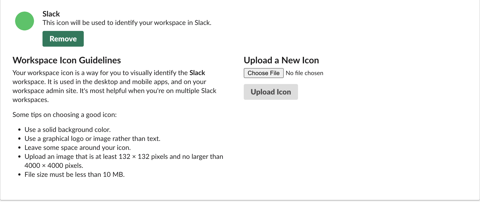 Slack's Workspace Icon page with a custom icon set: the current icon with a Remove button under it, the icon guidelines, and the Upload a New Icon form