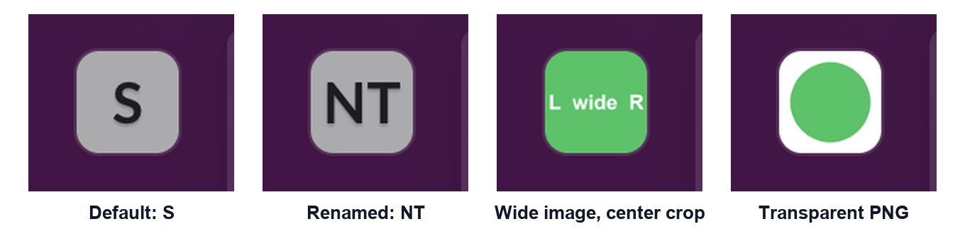 Four real crops of the Slack web left rail: the default grey tile with the letter S, the same tile showing NT after a rename, a green wide image cropped to its center, and a transparent PNG shown on a white square